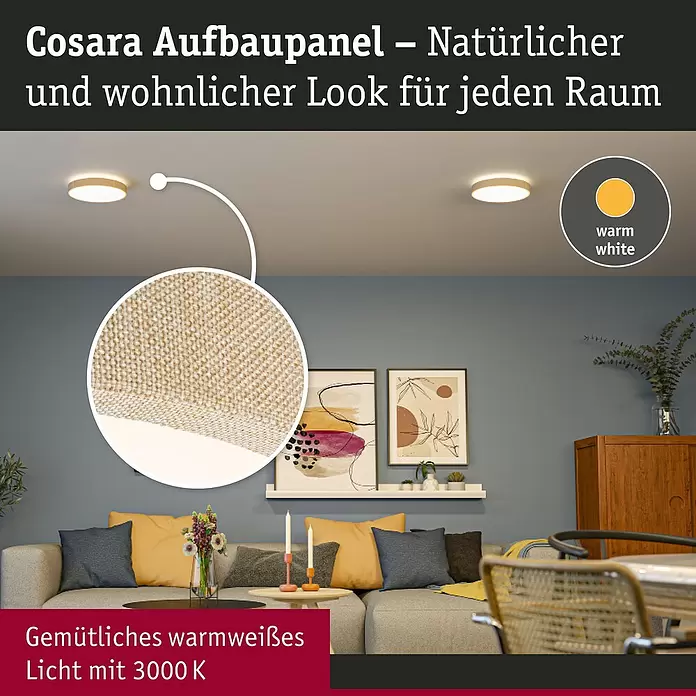 Paulmann LED-Panel rund Cosara - 15 W, Ø x H: 30 x 6,2 cm, Beige, Warmweiß - Cosara Aufbaupanel im natürlichen Geflecht-Look, das warmweißes Licht in einem Wohnzimmer spendet.