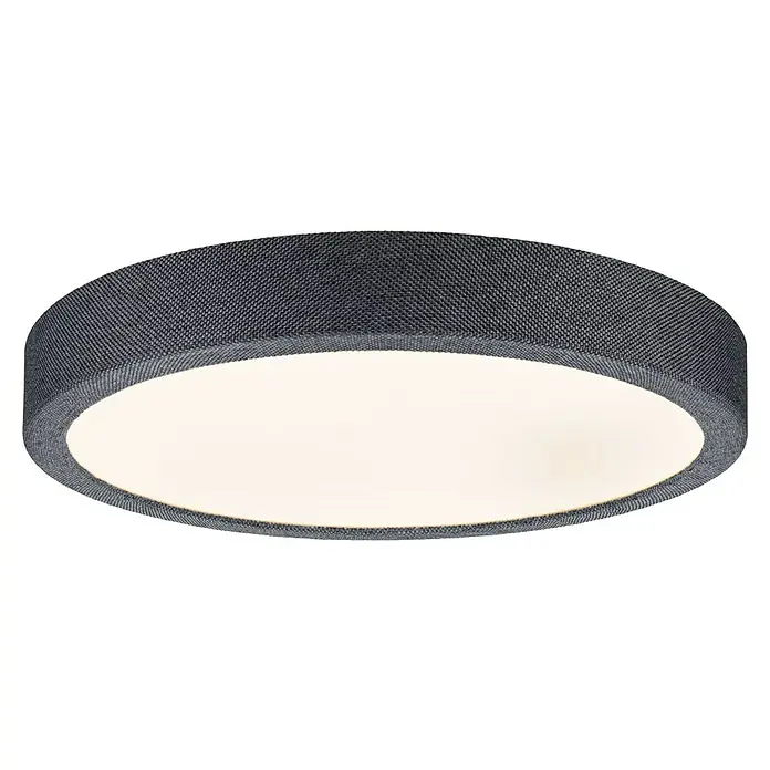 Paulmann LED-Panel rund Cosara - 15 W, Ø x H: 30 x 6,2 cm, Dungelgrau, Warmweiß - Nahaufnahme einer runden LED-Deckenleuchte mit einem grauen Stoffbezug, die ein warmes, diffuses Licht ausstrahlt.