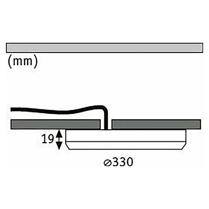 Paulmann LED-Einbauleuchte rund - 24 W, Ø x H: 33 x 1,9 cm, Weiß, Neutralweiß - Schema der Produktabmessungen, das eine Höhe von 19 mm und einen Durchmesser von 330 mm zeigt.