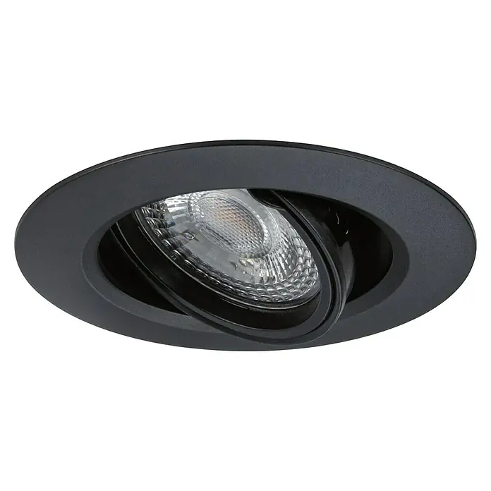 Paulmann Einbauleuchte - 10 W, 9 cm, Schwarz, 10 Stk., Schwenkbar - Nahaufnahme einer schwarzen, verstellbaren Deckenleuchte, die ein warmes, gerichtetes Licht bietet.