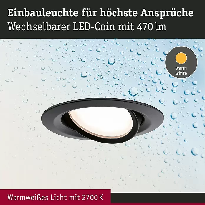 Paulmann Nova LED-Einbauleuchte rund - 6 W, Schwarz, Warmweiß, 1 Stk. - Schwarze, wasserbeständige Einbauleuchte mit wechselbarem LED-Coin für warmweißes Licht (2700K, 470lm).