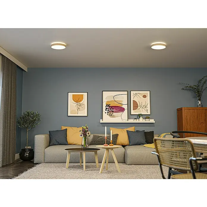 Paulmann LED-Panel rund Cosara - 15 W, Ø x H: 30 x 6,2 cm, Beige, Warmweiß - Ansicht eines Wohnzimmers mit einer modernen Deckenleuchte, die für eine helle und einladende Atmosphäre sorgt.