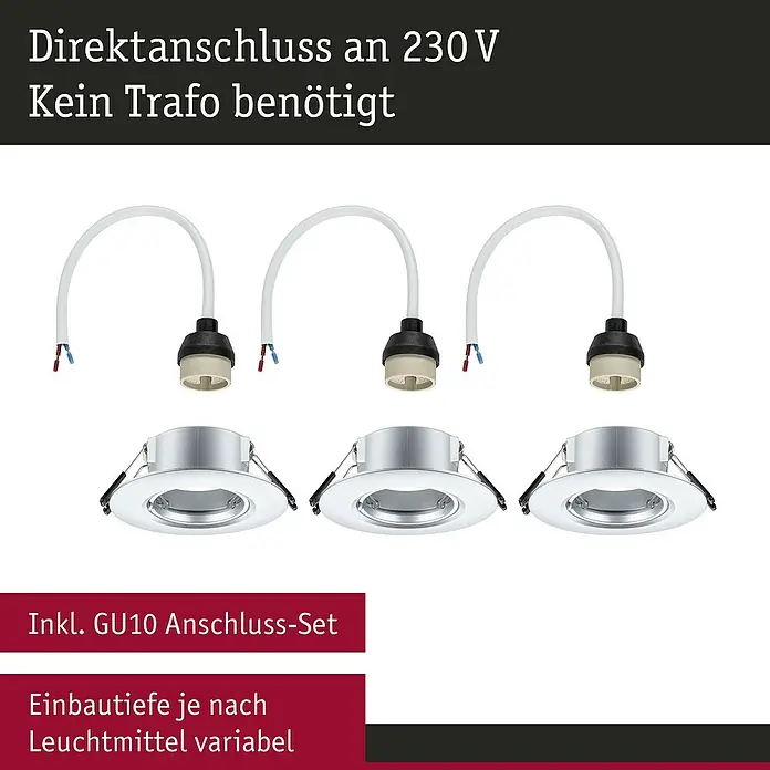Paulmann Einbauleuchte - 9 cm, Chrom, 3 Stk., Starr - Das Bild zeigt ein Set aus drei GU10-Einbaustrahlern aus Metall mit passenden Anschluss-Sets, geeignet für den Direktanschluss an 230V.