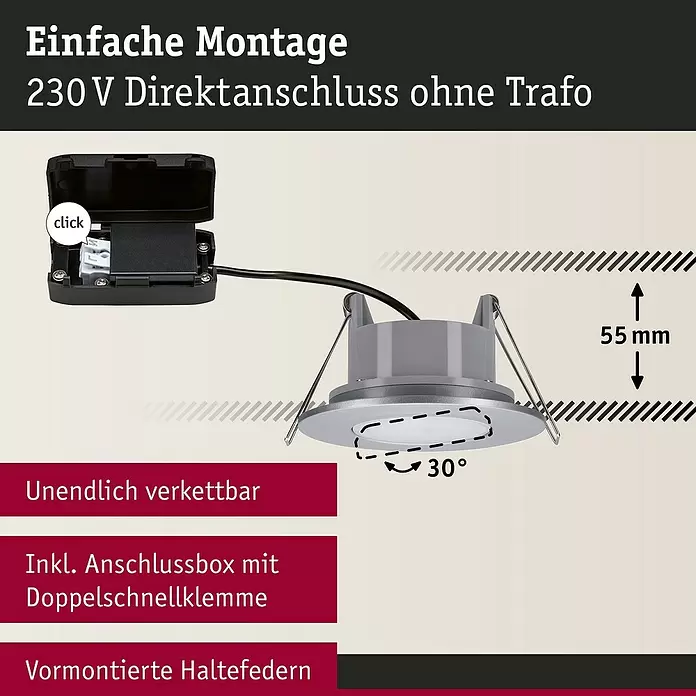 Paulmann LED-Einbauleuchten-Set rund Calla - 6 W, Schwarz, 10 Stk., Neutralweiß - Silberner LED-Einbaustrahler mit Anschlussbox, 230V Direktanschluss, 30° schwenkbar und vormontierten Haltefedern.