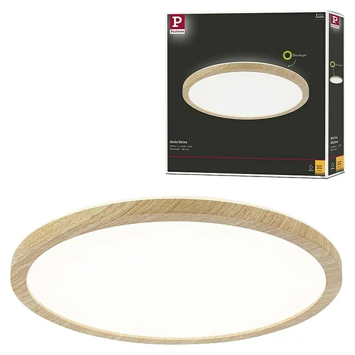Paulmann LED-Panel rund Atria Shine IP44 - Warmweiß, 19 W, Holz, Durchmesser: 29,3 cm - Abbildung einer Paulmann Atria Shine Deckenleuchte in Eichenoptik. Diese LED-Leuchte sorgt für eine angenehme und gleichmäßige Beleuchtung im Raum.