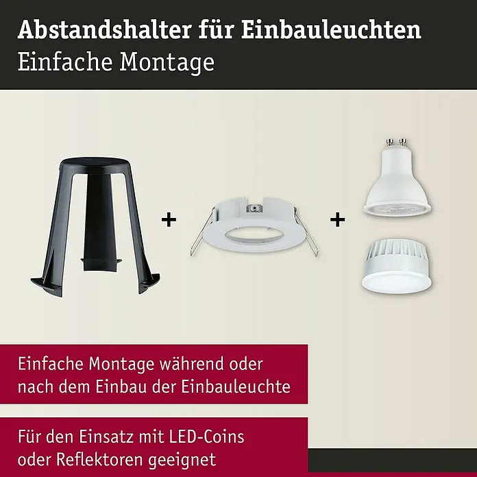 Paulmann Abstandhalter Einbaustrahler - 10 Stk., Höhe: 6 cm, Farbe: Schwarz - Abstands-Set für Einbauleuchten, bestehend aus einem Halter, einer Montagevorrichtung und LED-Reflektoren für einfache Installation.