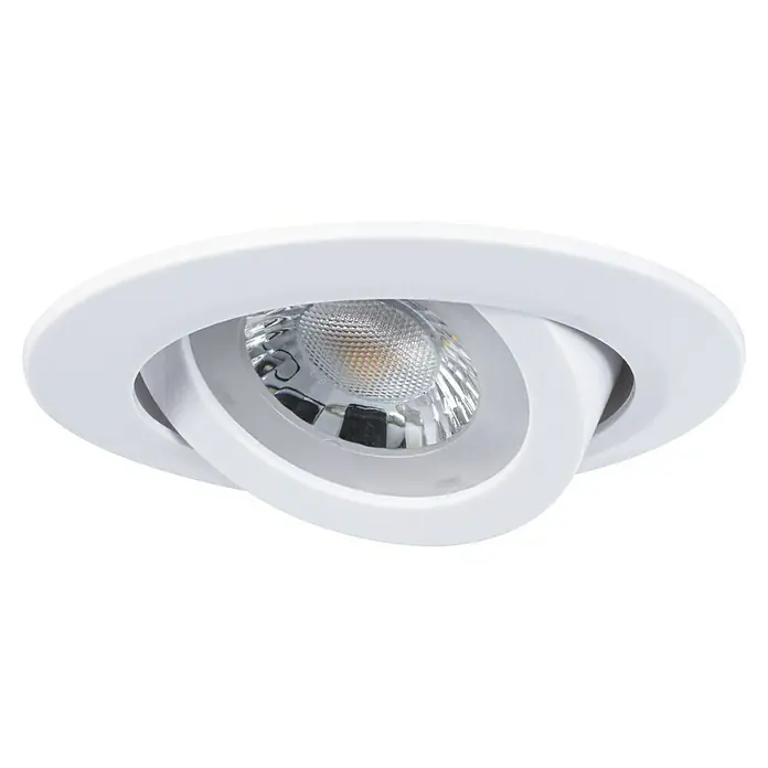 Paulmann LED-Einbauleuchten-Set rund - 4,8 W, Ø x H: 8,2 x 3 cm, Weiß, 10 Stk., Warmweiß - Nahaufnahme einer weißen, runden Einbaulampe mit einer verstellbaren LED-Lichtquelle. Ideal für moderne Raumbeleuchtungskonzepte.