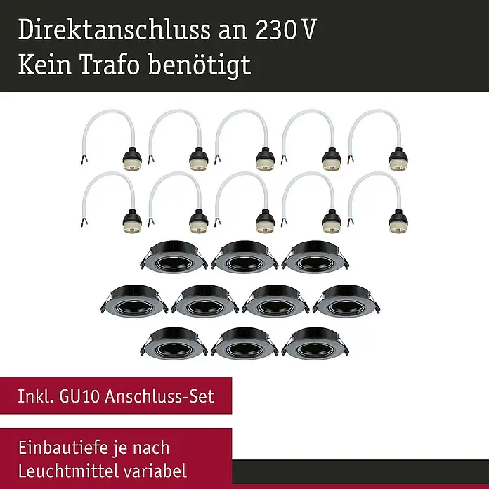 Paulmann Einbauleuchte - 10 W, 9 cm, Schwarz, 10 Stk., Schwenkbar - Das Bild zeigt ein Set mit zehn GU10-Einbaustrahlern, die direkt an 230V angeschlossen werden können. Kein Trafo notwendig.