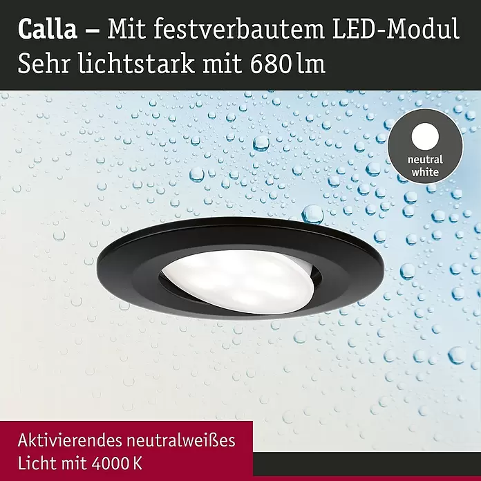 Paulmann LED-Einbauleuchten-Set rund Calla - 6 W, Schwarz, 10 Stk., Neutralweiß - Schwarze Calla LED-Einbauleuchte mit festem neutralweißem 4000K Modul, 680lm Helligkeit, vor Wassertropfenhintergrund.