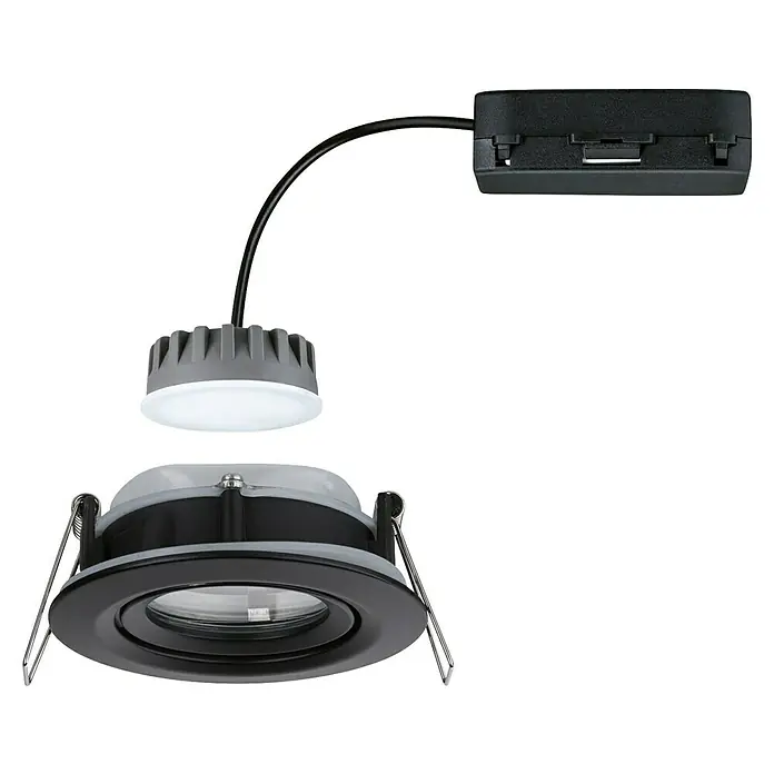 Paulmann Nova LED-Einbauleuchte rund - 6 W, Schwarz, Warmweiß, 1 Stk. - Eine Nahaufnahme einer LED-Deckenleuchte mit schwarzer Blende, Kühlkörper und Treiberbox, die die modulare Bauweise hervorhebt.