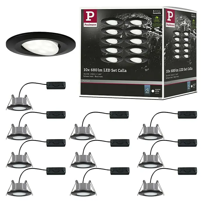 Paulmann LED-Einbauleuchten-Set rund Calla - 6 W, Schwarz, 10 Stk., Neutralweiß - Produktbild: Paulmann LED Einbaustrahler Set Calla, 10er-Set in Schwarz matt, ideal für stilvolle Innenraumbeleuchtung mit neutralweißem Licht.