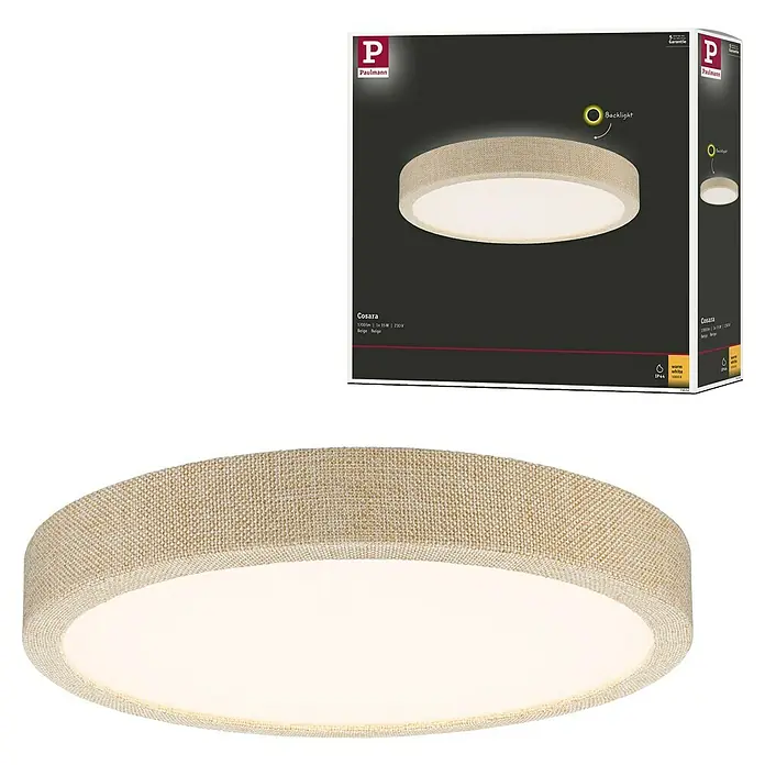 Paulmann LED-Panel rund Cosara - 15 W, Ø x H: 30 x 6,2 cm, Beige, Warmweiß - Abbildung einer Paulmann Cosara LED-Deckenleuchte in Beige, die warmweißes Licht spendet und eine stilvolle Beleuchtungslösung bietet.