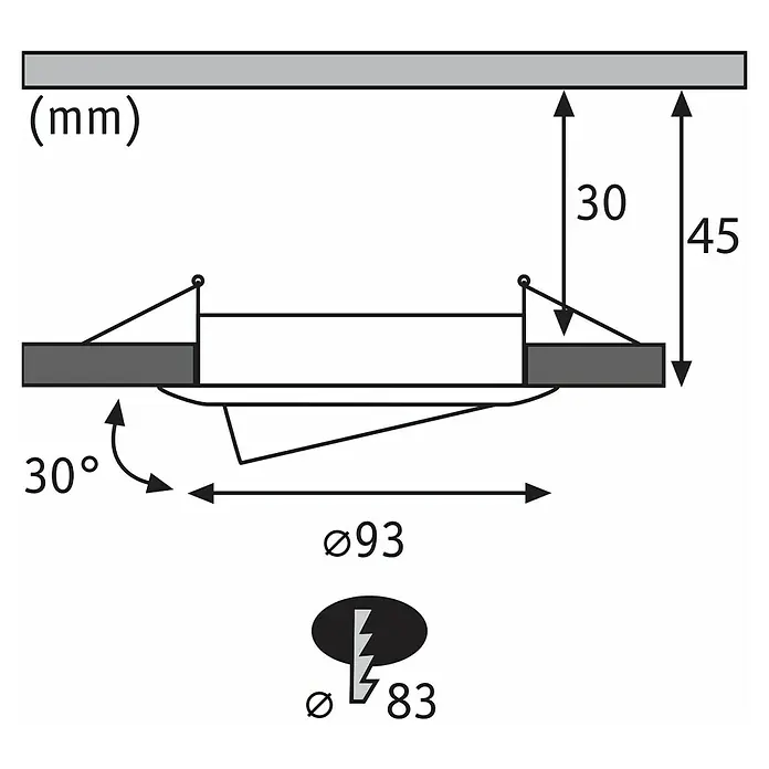 Paulmann Nova LED-Einbauleuchte rund - 6 W, Schwarz, Warmweiß, 1 Stk. - Technische Zeichnung einer LED-Leuchte mit den Maßen 45 mm Höhe und 93 mm Durchmesser.