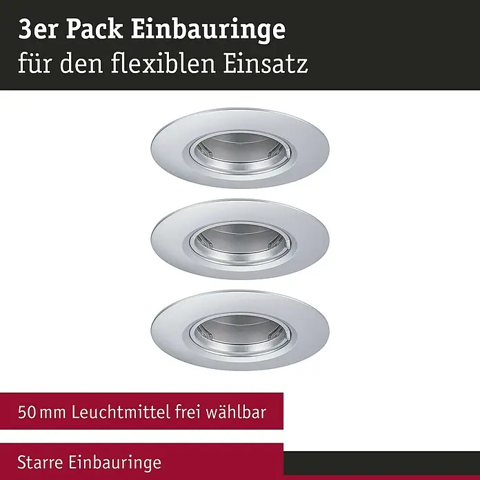 Paulmann Einbauleuchte - 9 cm, Chrom, 3 Stk., Starr - Abbildung von einem 3er Pack Einbauringe für den flexiblen Einsatz, Leuchtmittel frei wählbar, starre Einbauringe.