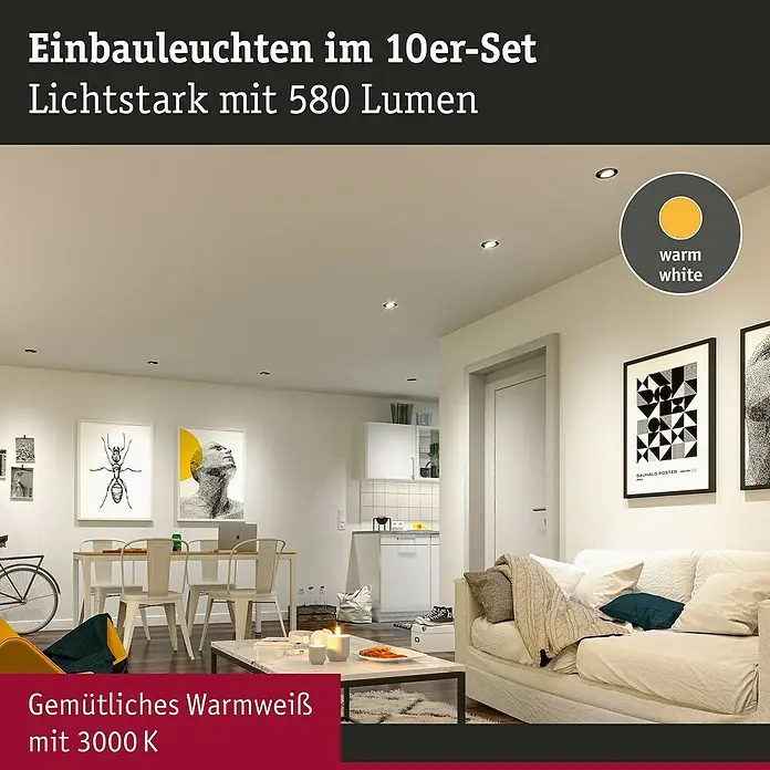 Paulmann LED-Einbauleuchten-Set rund - 4,8 W, Ø x H: 8,2 x 3 cm, Weiß, 10 Stk., Warmweiß - Das Bild zeigt ein Set von Einbauleuchten mit warmweißem Licht (3000 K) und einer Lichtstärke von 580 Lumen, ideal für stimmungsvolle Beleuchtung.