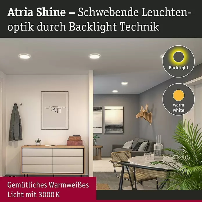 Paulmann LED-Panel rund Atria Shine IP44 - 12,5 W, Durchmesser: 19 cm, Weiß, Warmweiß - Atria Shine Einbauleuchten mit Backlight-Technik erhellen ein modernes Zuhause mit gemütlichem 3000K warmweißem Licht.