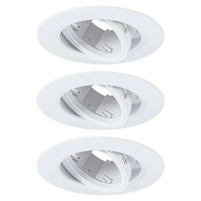 Paulmann Einbauleuchte - 10 W, 9 cm, Weiß, 3 Stk., Schwenkbar - Nahaufnahme von drei weißen, runden LED-Deckeneinbaustrahlern, die übereinander angeordnet sind und das elegante Design betonen.