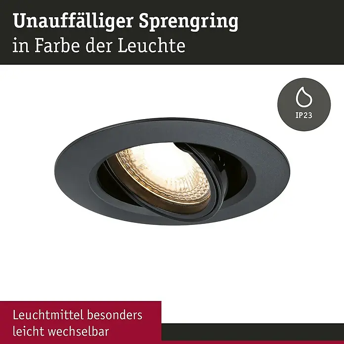 Paulmann Einbauleuchte - 10 W, 9 cm, Schwarz, 10 Stk., Schwenkbar - Nahaufnahme einer schwarzen, runden LED-Einbauleuchte. Hervorgehoben wird das dezente Design in Leuchtenfarbe und die einfache Austauschbarkeit.