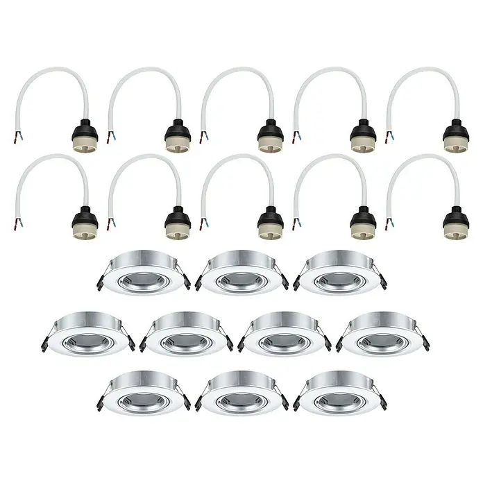 Paulmann Einbauleuchte - 10 W, 9 cm, Chrom, 10 Stk., Schwenkbar - Bild einer Reihe von LED-Einbaustrahlern mit Lampenfassungen und Kabeln, die für moderne Beleuchtungslösungen bereitstehen.