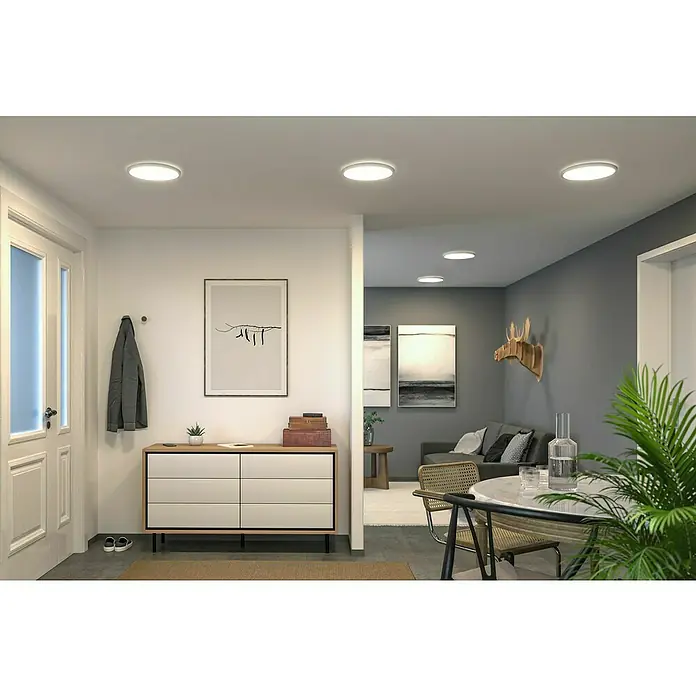 Paulmann LED-Panel rund Atria Shine IP44 - Warmweiß, 19 W, Weiß, Durchmesser: 29,3 cm - Ein modernes Interieur mit flachen, runden Deckenleuchten, die ein helles und einladendes Ambiente schaffen. Die Leuchten ergänzen das minimalistische Design.