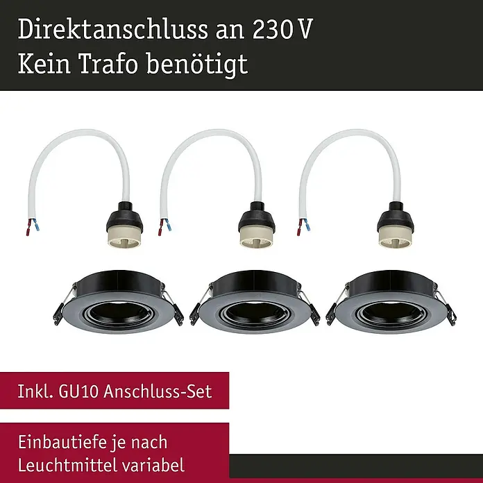 Paulmann Einbauleuchte - 10 W, 9 cm, Schwarz, 3 Stk., Schwenkbar - Produktansicht von drei schwarzen GU10 Einbaustrahlern mit Anschluss-Sets und flexibler Einbautiefe, die einen direkten Anschluss an 230V ermöglichen.