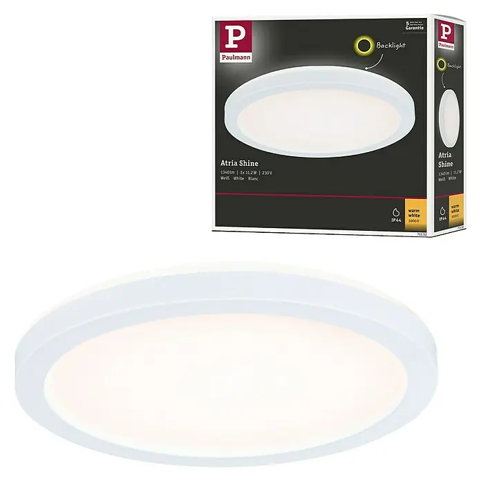 Paulmann LED-Panel rund Atria Shine IP44 - 12,5 W, Durchmesser: 19 cm, Weiß, Warmweiß - Abbildung einer weißen Paulmann Atria Shine LED-Deckenleuchte mit Hintergrundbeleuchtung und ihrer Verpackung.