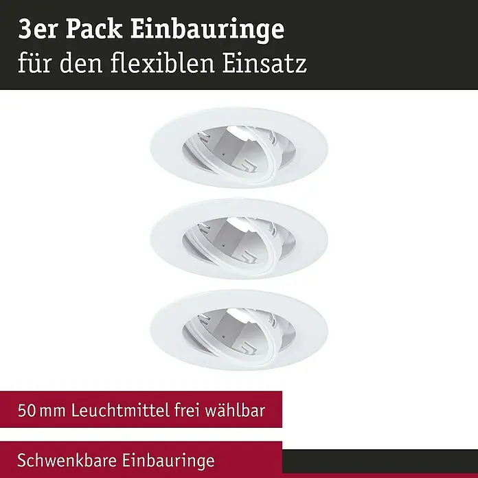 Paulmann Einbauleuchte - 10 W, 9 cm, Weiß, 3 Stk., Schwenkbar - 3er-Pack Einbauringe für flexible Beleuchtung. Die schwenkbaren Einbauringe sind für 50 mm Leuchtmittel geeignet und ermöglichen eine individuelle Lichtgestaltung.