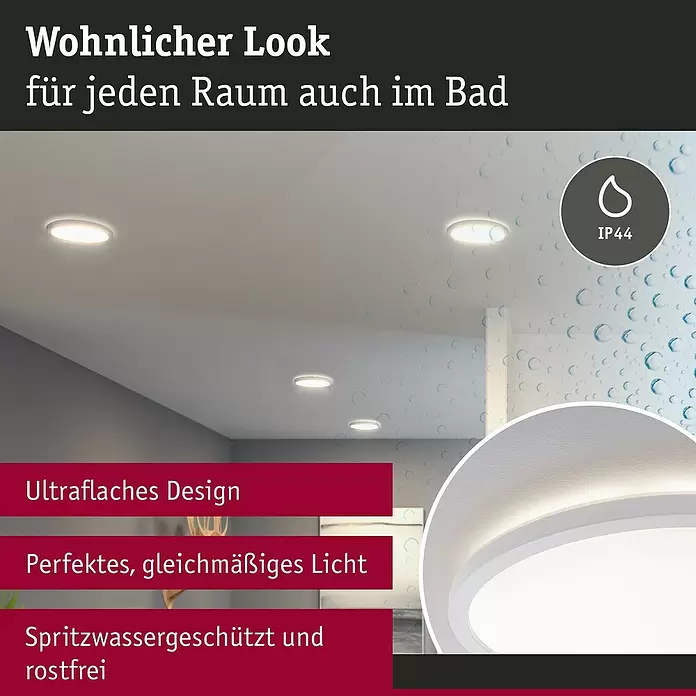 Paulmann LED-Panel rund Atria Shine IP44 - 12,5 W, Durchmesser: 19 cm, Weiß, Warmweiß - Weiße, ultraflache LED-Einbauleuchten, spritzwassergeschützt (IP44) und rostfrei, sorgen für gleichmäßiges Licht in jedem Raum, auch im Bad.