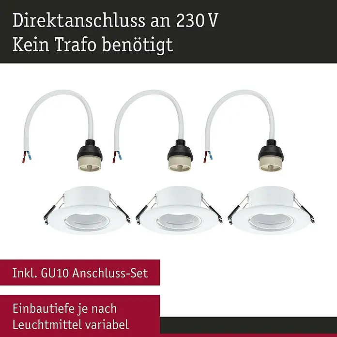 Paulmann Einbauleuchte - 9 cm, Weiß, 3 Stk., Starr - Ein Set aus drei GU10 Einbaustrahlern mit Direktanschluss an 230V, ideal für variable Leuchtmittel.