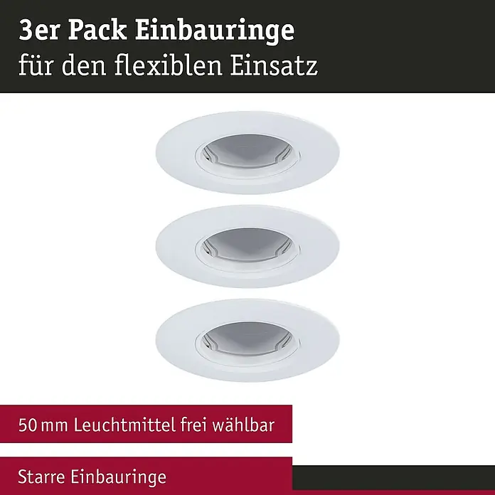 Paulmann Einbauleuchte - 9 cm, Weiß, 3 Stk., Starr - Produktbild eines 3er-Packs Einbauringe, die für flexible Einsätze konzipiert sind, mit einem Durchmesser von 50 mm.