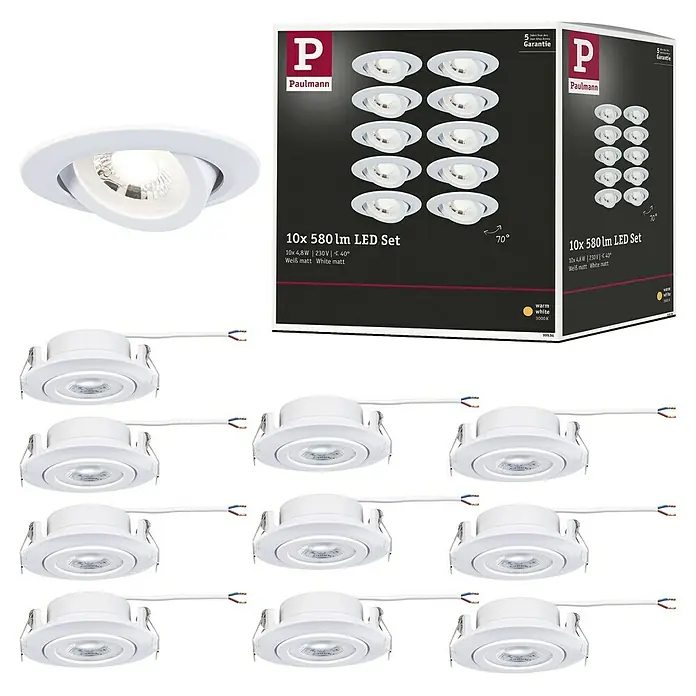 Paulmann LED-Einbauleuchten-Set rund - 4,8 W, Ø x H: 8,2 x 3 cm, Weiß, 10 Stk., Warmweiß - Abbildung eines Paulmann 10er Sets mit 580lm LED Einbaustrahlern in weiß matt, ideal für die Innenraumbeleuchtung.