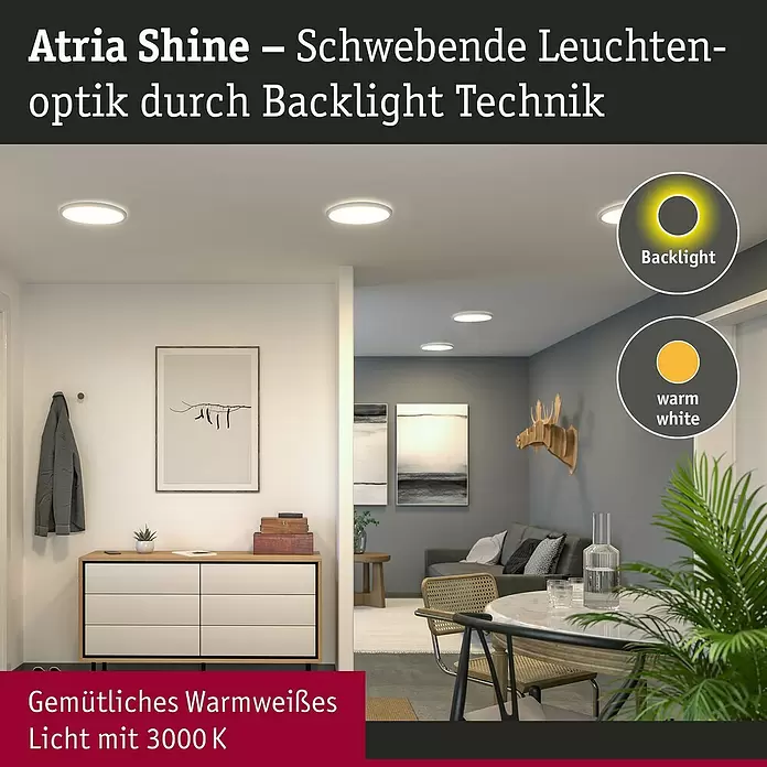 Paulmann LED-Panel rund Atria Shine IP44 - Warmweiß, 19 W, Weiß, Durchmesser: 29,3 cm - Moderne runde LED-Deckenleuchten mit Backlight-Technologie erhellen einen Raum mit gemütlichem 3000K warmweißem Licht.