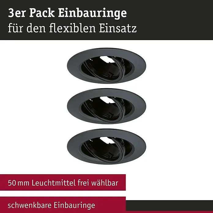 Paulmann Einbauleuchte - 10 W, 9 cm, Schwarz, 3 Stk., Schwenkbar - 3er Pack Einbauringe für flexible Beleuchtung. Schwarz, schwenkbar, und für 50mm Leuchtmittel geeignet. Ideal für individuelle Lichtgestaltung.