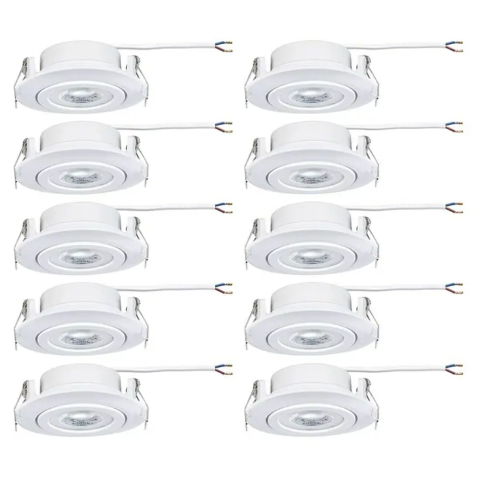 Paulmann LED-Einbauleuchten-Set rund - 4,8 W, Ø x H: 8,2 x 3 cm, Weiß, 10 Stk., Warmweiß - Das Bild zeigt 10 weiße LED-Einbaustrahler mit Kabeln, die für eine moderne und energieeffiziente Beleuchtungslösung sorgen.