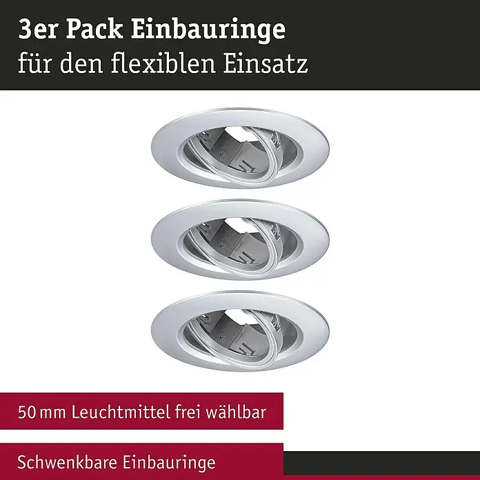 Paulmann Einbauleuchte - 10 W, 9 cm, Chrom, 3 Stk., Schwenkbar - 3er Pack Einbauringe für flexible Beleuchtung. Die schwenkbaren Einbauringe ermöglichen eine individuelle Ausrichtung des Lichts.