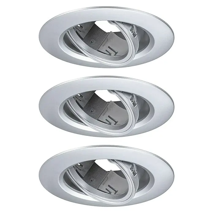 Paulmann Einbauleuchte - 10 W, 9 cm, Chrom, 3 Stk., Schwenkbar - Drei silberne Einbaustrahler sind aufgereiht zu sehen. Sie sind modern und funktional für die Innenausleuchtung geeignet.