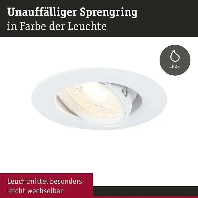 Paulmann Einbauleuchte - 10 W, 9 cm, Weiß, 10 Stk., Schwenkbar - Nahaufnahme eines weißen Deckeneinbaustrahlers mit LED-Lampe. Der dezente Sprengring ist in der Farbe der Leuchte gehalten.
