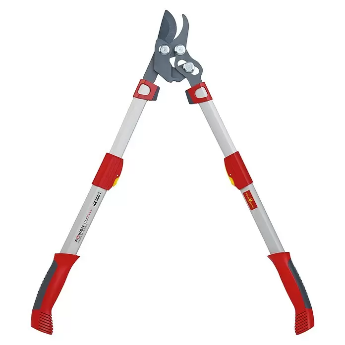 Wolf-Garten Cortarramas para jardín RR 900 T - Bypass, Ajuste de la longitud: 65 cm - 90 cm - Tijeras de podar rojas y blancas con hojas grises, ideales para cortar ramas.