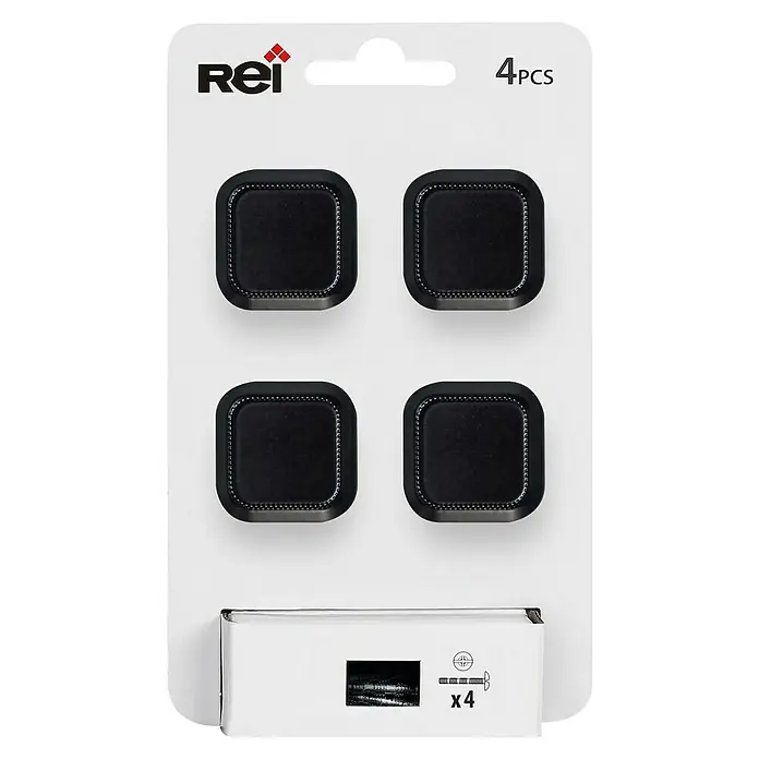 Rei Pomo para muebles - L x An: 30 x 30 mm, Negro, Mate, 4 ud. - La imagen muestra un paquete de cuatro deslizadores de muebles Rei negros y cuadrados con esquinas redondeadas y un borde cosido.