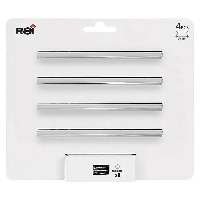 Rei Tirador para muebles 2279 - Distancia entre orificios: 96 mm, Cromo, Brillante, 4 ud. - Imagen de un envase Rei con cuatro soportes cromados de 96 mm y ocho tornillos.