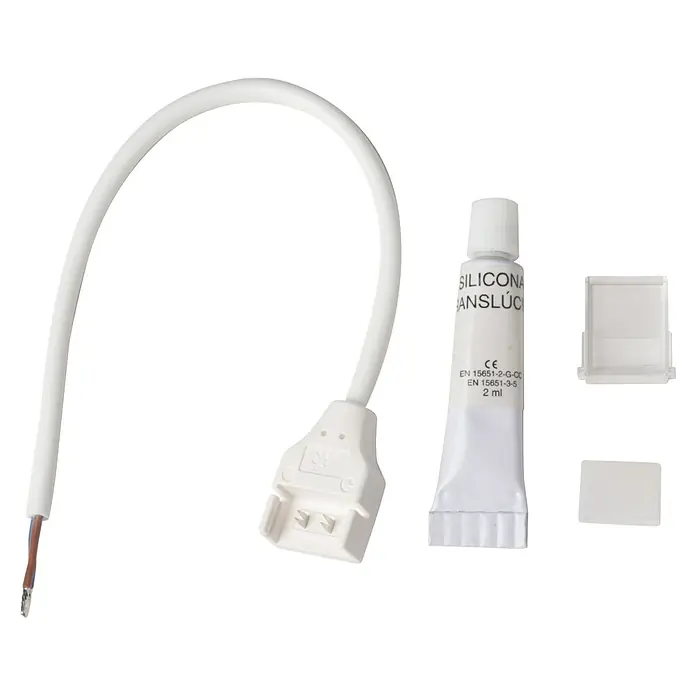 Alverlamp Cable de conexión - Largo: 21,5 cm, Específico para: Alverlamp Tira LED 12W - La imagen muestra un kit de accesorios para tiras LED con cable, conector, tubo de silicona y tapas para una instalación impermeable de iluminación LED.