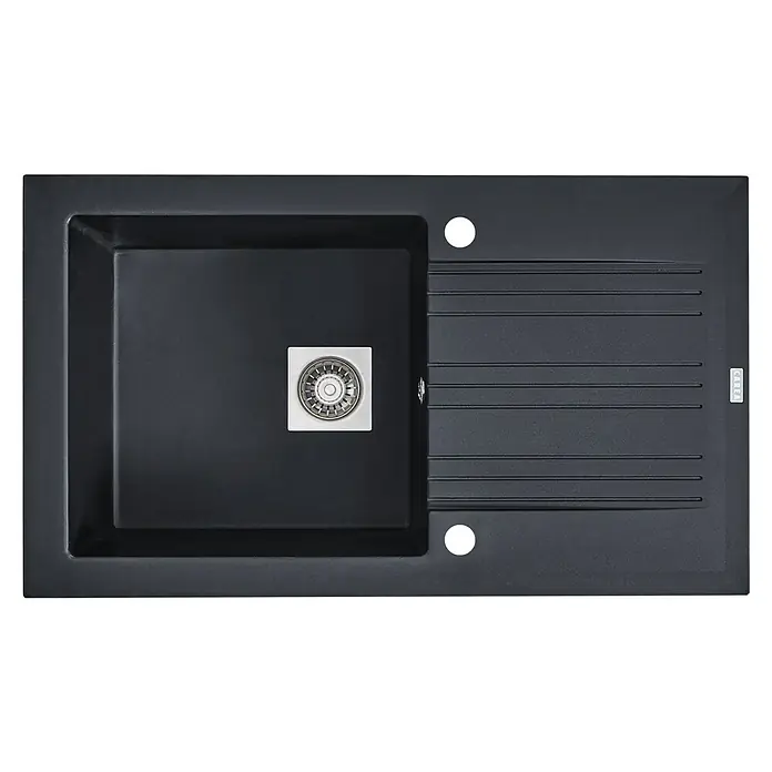 Carea Fregadero encastrable Muscade - 86 x 50 cm, Negro - Primer plano de un fregadero con escurridor y cubeta cuadrada, ideal para cocinas modernas. El color oscuro añade elegancia.