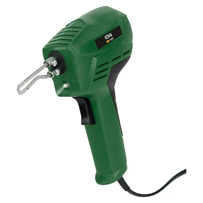 Koma Tools Pistola de soldadura pistola - 100 W - Imagen de una pistola de soldadura verde de Koma Tools, fotografiada sobre un fondo negro.