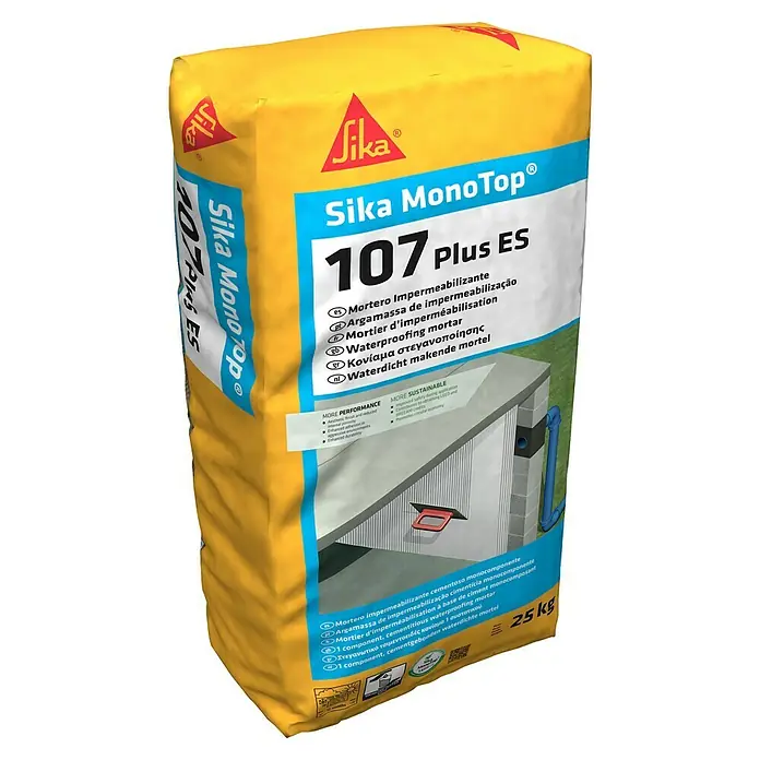 Sika Mortero de cemento MonoTop 107 Plus - 10 kg, Gris - Imagen de un saco de Sika MonoTop 107 Plus ES, un mortero impermeabilizante para aplicaciones de construcción.