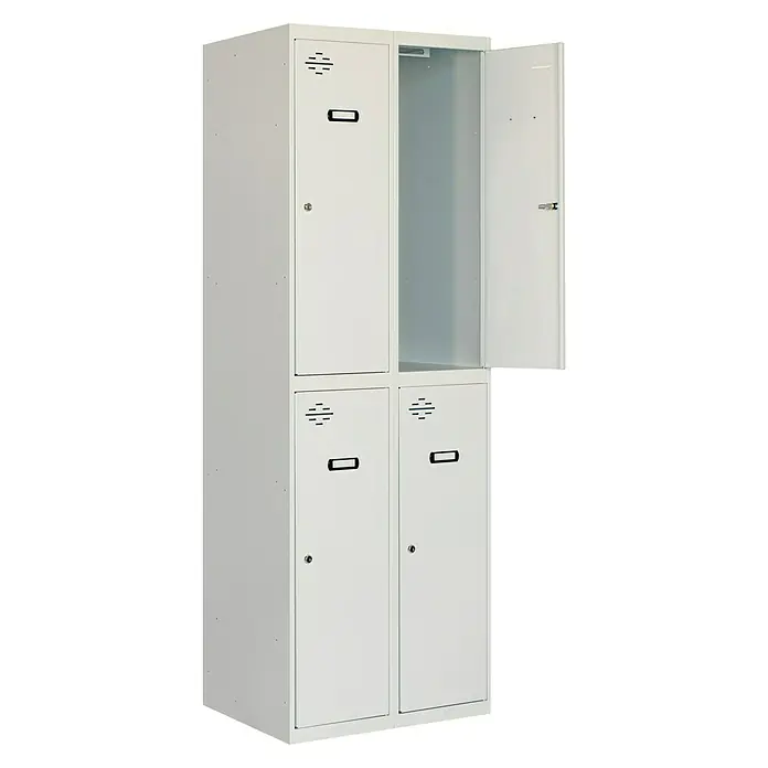 Simonrack Simonlocker Taquilla Prof. Tandem - L x An x Al: 50 x 60 x 180 cm, Gris/Gris, Número de puertas: 4 ud. - Un armario metálico blanco con cuatro compartimentos, con una puerta abierta que revela el interior del armario.