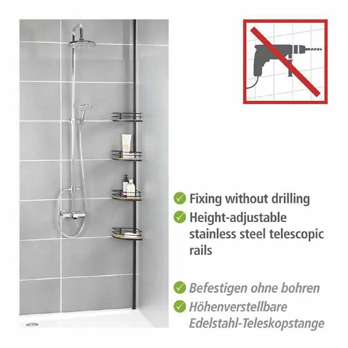 Wenko Teleskop-Eckregal Dolcedo - Höhenverstellung: 65 cm - 275 cm, Schwarz/Bambus - Höhenverstellbares Teleskop-Dusch-Eckregal mit mehreren Ablagen, bohrfrei montierbar.