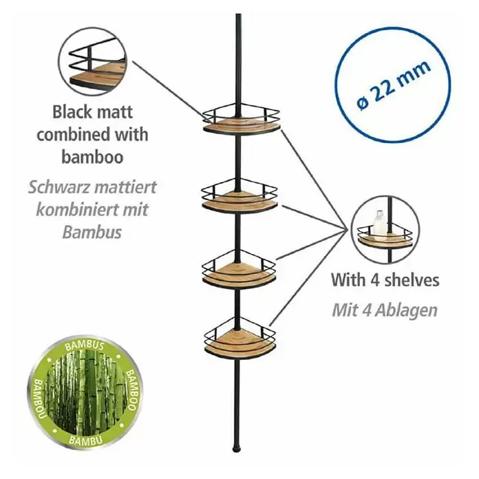 Wenko Teleskop-Eckregal Dolcedo - Höhenverstellung: 65 cm - 275 cm, Schwarz/Bambus - Schwarz matter Dusch-Eckregal mit 4 Bambusablagen, Ø 22mm.