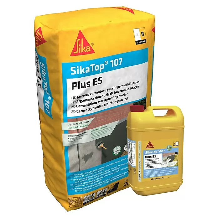 Sika Mortero de cemento Sikatop 107 Plus - 20 Kg + 5 Kg, Espesor de capa: 1,5 mm - Dos componentes amarillos SikaTop 107 Plus ES: un saco grande de mortero de cemento y un envase líquido de 5 kg para impermeabilización.