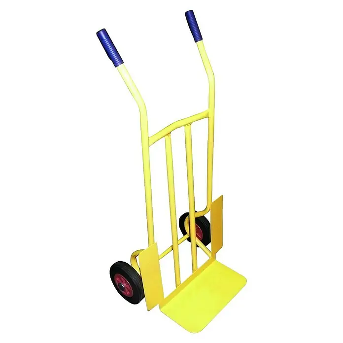 Carretilla de mano Tuman - Capacidad de carga: 300 kg, Neumático de goma maciza, Fija - Carretilla de mano amarilla con mangos azules y una rueda roja. Es ideal para mover cargas pesadas en el almacén o cuando se muda.