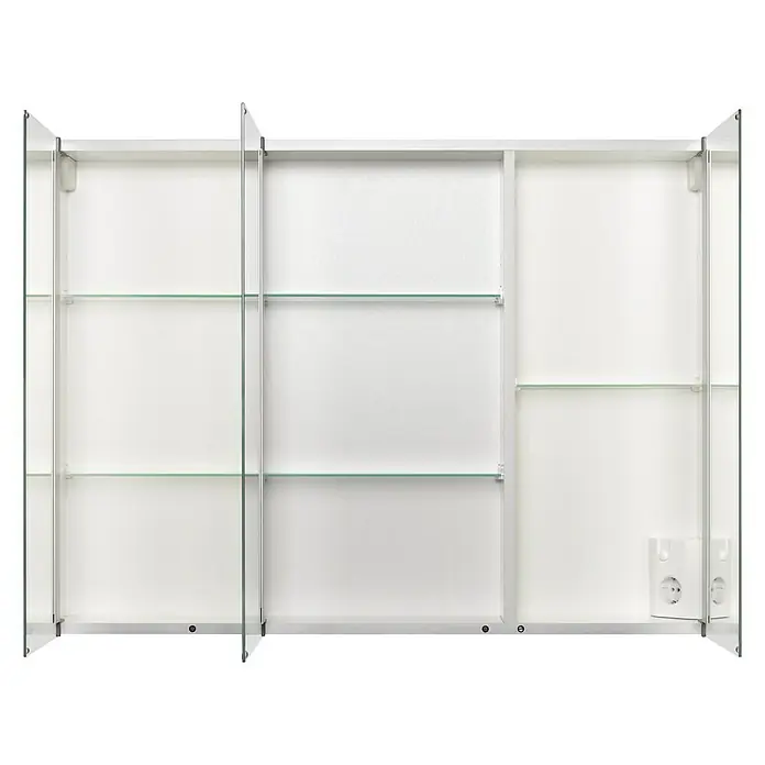 Riva Spiegelschrank Torno - B x H: 120 x 70,5 cm, Holz, Aluminium - Ein offener Spiegelschrank mit drei Türen und Glasböden. Der Schrank ist weiß und hat Steckdosen auf der rechten Seite.